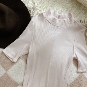 Free People We The Free sweater t-shirt ribbed short sleeve, light pink/white